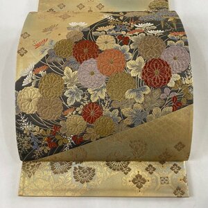 袋帯 秀品 松 菊 刺繍 箔 金色 六通 正絹 【中古】