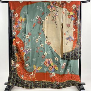 振袖 身丈164.5cm 裄丈66cm M 袷 蝶 梅 金糸 金彩 灰緑 正絹 秀品 【中古】