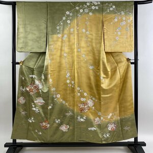 訪問着 身丈155.5cm 裄丈62cm S 袷 花丸文 流水 金彩 染め分け よもぎ色 正絹 美品 秀品 【中古】