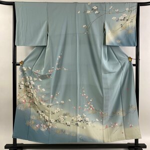 訪問着 身丈153.5cm 裄丈65cm M 袷 落款 椿 枝梅 染め分け 水色 正絹 秀品 【中古】