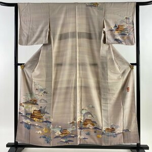 訪問着 身丈156.5cm 裄丈63.5cm S 袷 落款 風景 建物 ぼかし 薄小豆 正絹 秀品 【中古】