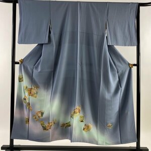 付下げ 身丈152cm 裄丈63cm S 袷 落款 かるた 金彩 ぼかし 青灰色 正絹 秀品 【中古】