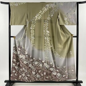 訪問着 身丈154cm 裄丈63cm S 袷 落款 辻が花 ぼかし 灰茶 正絹 名品 【中古】