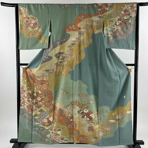 訪問着 身丈160cm 裄丈65cm M 袷 落款 扇面 草花 金糸 金彩 薄緑 正絹 美品 名品 【中古】