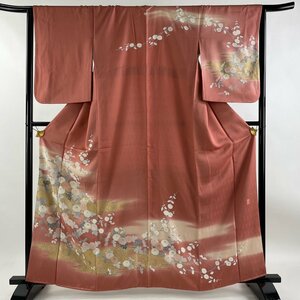 訪問着 身丈162cm 裄丈64.5cm M 袷 落款 梅 菊 金彩 ぼかし ピンク 正絹 秀品 一つ紋 【中古】