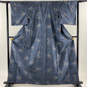 紬 身丈163cm 裄丈63cm S 袷 花唐草 青灰色 正絹 美品 秀品 【中古】