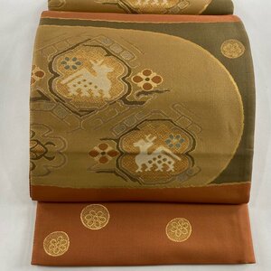 袋帯 美品 秀品 有栖川文 花 箔 山吹茶色 六通 正絹 【中古】