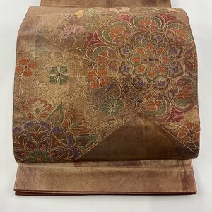 袋帯 美品 秀品 華文 刺繍 箔 小豆色 お太鼓柄 正絹 【中古】