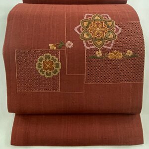 開き名古屋帯 美品 秀品 華文 草花 相良刺繍 金糸 赤茶 正絹 【中古】