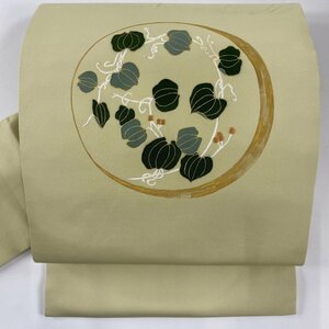 名古屋帯 秀品 葉と実 金糸 金彩 抹茶色 正絹 【中古】