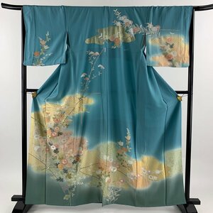 訪問着 身丈162cm 裄丈68cm L 袷 菊 霞 刺繍 金銀彩 青緑 正絹 名品 【中古】