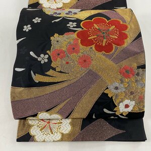 袋帯 秀品 振袖向き 束ね熨斗 桜 金糸 箔 黒 六通 正絹 【中古】