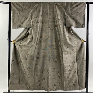 紬 身丈155cm 裄丈63.5cm S 袷 草花 唐草 焦茶色 正絹 美品 秀品 【中古】