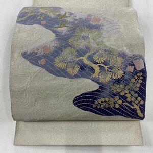 名古屋帯 美品 優品 松葉仕立て 八寸名古屋帯 鳥 樹木 金銀糸 灰色 正絹 【中古】