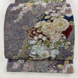 袋帯 美品 名品 やまと 織匠小平 辻が花柄 草花 箔 金銀糸 紫 六通 正絹 【中古】