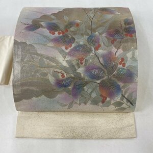 名古屋帯 優品 葉と実 螺鈿箔 金彩 クリーム 正絹 【中古】