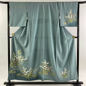 訪問着 身丈154cm 裄丈65cm M 袷 万寿菊 樹木 金糸 金彩 灰緑 正絹 秀品 【中古】