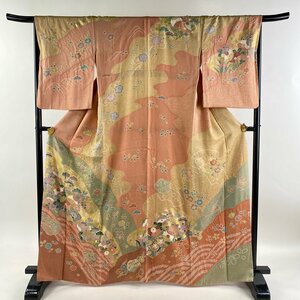 訪問着 身丈164.5cm 裄丈67.5cm L 袷 草花 流水 金彩 絞り ピンク 正絹 名品 【中古】