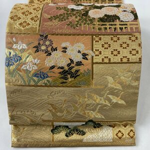 袋帯 美品 秀品 菊 松 刺繍 金糸 金色 六通 正絹 【中古】