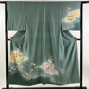 付下げ 身丈150cm 裄丈65cm M 袷 草花 霞 ぼかし 灰緑 正絹 秀品 【中古】