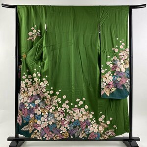 振袖 身丈156.5cm 裄丈65.5cm M 袷 桜 葉柄 金彩 ラメ彩 緑 正絹 秀品 【中古】