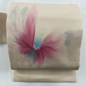 名古屋帯 美品 秀品 落款 花 薄ピンク 正絹 【中古】