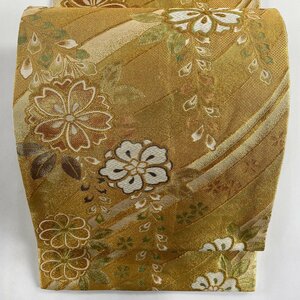 袋帯 美品 秀品 桜 草花 金糸 箔 金色 六通 正絹 【中古】