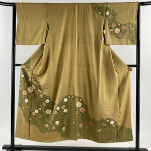 訪問着 身丈150.5cm 裄丈65cm M 袷 梅 地紋 金彩 絞り 薄茶色 正絹 秀品 一つ紋 【中古】