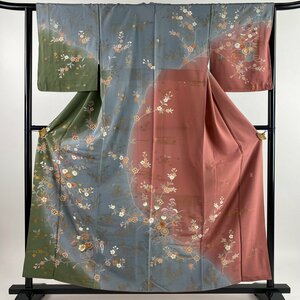 訪問着 身丈158cm 裄丈64cm M 袷 落款 花籠 草花 金銀彩 染分け 青灰色 正絹 名品 【中古】