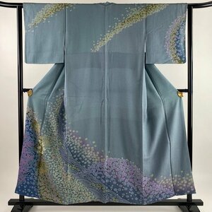 訪問着 身丈155cm 裄丈63cm S 袷 桜 梅 金通し 絞り 青灰色 正絹 名品 【中古】