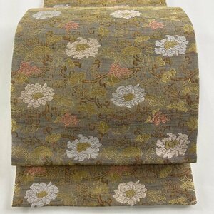 袋帯 名品 花唐草 金糸 箔 灰茶 六通 正絹 【中古】