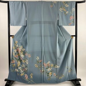 訪問着 身丈161cm 裄丈65.5cm M 袷 落款 草花 ぼかし 青灰色 正絹 名品 【中古】