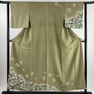 訪問着 身丈151.5cm 裄丈61.5cm S 袷 草花 花丸文 染分け ぼかし 茶緑色 正絹 秀品 一つ紋 【中古】