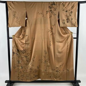 訪問着 身丈156cm 裄丈64cm M 袷 橘 竹 金糸 金彩 薄茶色 正絹 秀品 【中古】