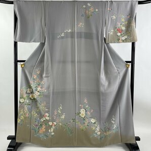 訪問着 身丈165cm 裄丈67.5cm L 袷 枝花 草花 染分け ぼかし 灰色 正絹 秀品 【中古】の画像1