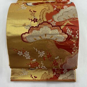 袋帯 美品 秀品 松 枝梅 金銀糸 箔 茜色 六通 正絹 【中古】