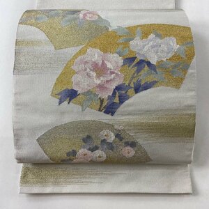 袋帯 名品 扇面 草花 金銀糸 灰白 お太鼓柄 正絹 【中古】