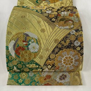 袋帯 秀品 草花 鳳凰 金糸 箔 金色 六通 正絹 【中古】