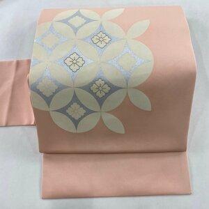 名古屋帯 秀品 七宝 花菱 銀糸 銀彩 ピンク 正絹 【中古】