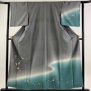 付下げ 身丈155.5cm 裄丈63cm S 袷 梅 松葉 金彩 染め分け 灰色 正絹 秀品 【中古】