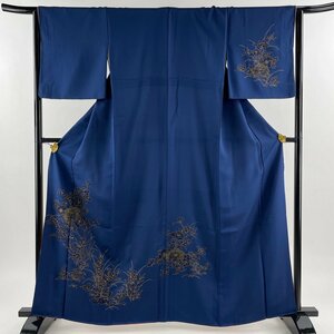 付下げ 身丈161.5cm 裄丈65cm M 袷 草花 金彩 紺色 正絹 優品 【中古】