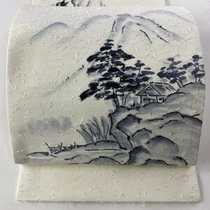 開き名古屋帯 美品 秀品 落款 紬地 風景 山並み クリーム 正絹 【中古】