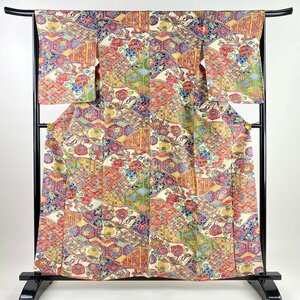 小紋 身丈157cm 裄丈66cm M 袷 草花 鳥 クリーム 正絹 秀品 【中古】