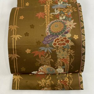 袋帯 美品 秀品 番傘 草花 金糸 唐織 茶色 六通 正絹 【中古】