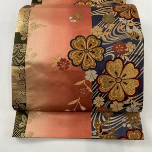 袋帯 秀品 蝶 桜 金糸 箔 茜色 六通 正絹 【中古】