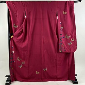 振袖 身丈172cm 裄丈70cm L 袷 草花 蝶 金彩 赤紫 正絹 秀品 【中古】