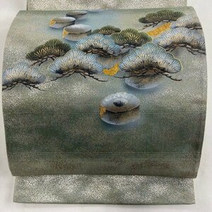 袋帯 美品 秀品 笠松 霞 金銀糸 金彩 灰緑 お太鼓柄 正絹 【中古】