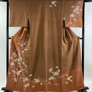 訪問着 身丈163cm 裄丈64.5cm M 袷 扇 草花 金彩 赤茶 正絹 秀品 【中古】