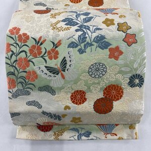 袋帯 美品 秀品 草花 蝶々 唐織 クリーム 六通 正絹 【中古】