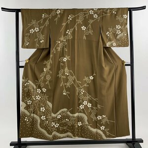 訪問着 身丈153cm 裄丈63cm S 袷 枝垂れ桜 霞 絞り 茶緑色 正絹 秀品 【中古】